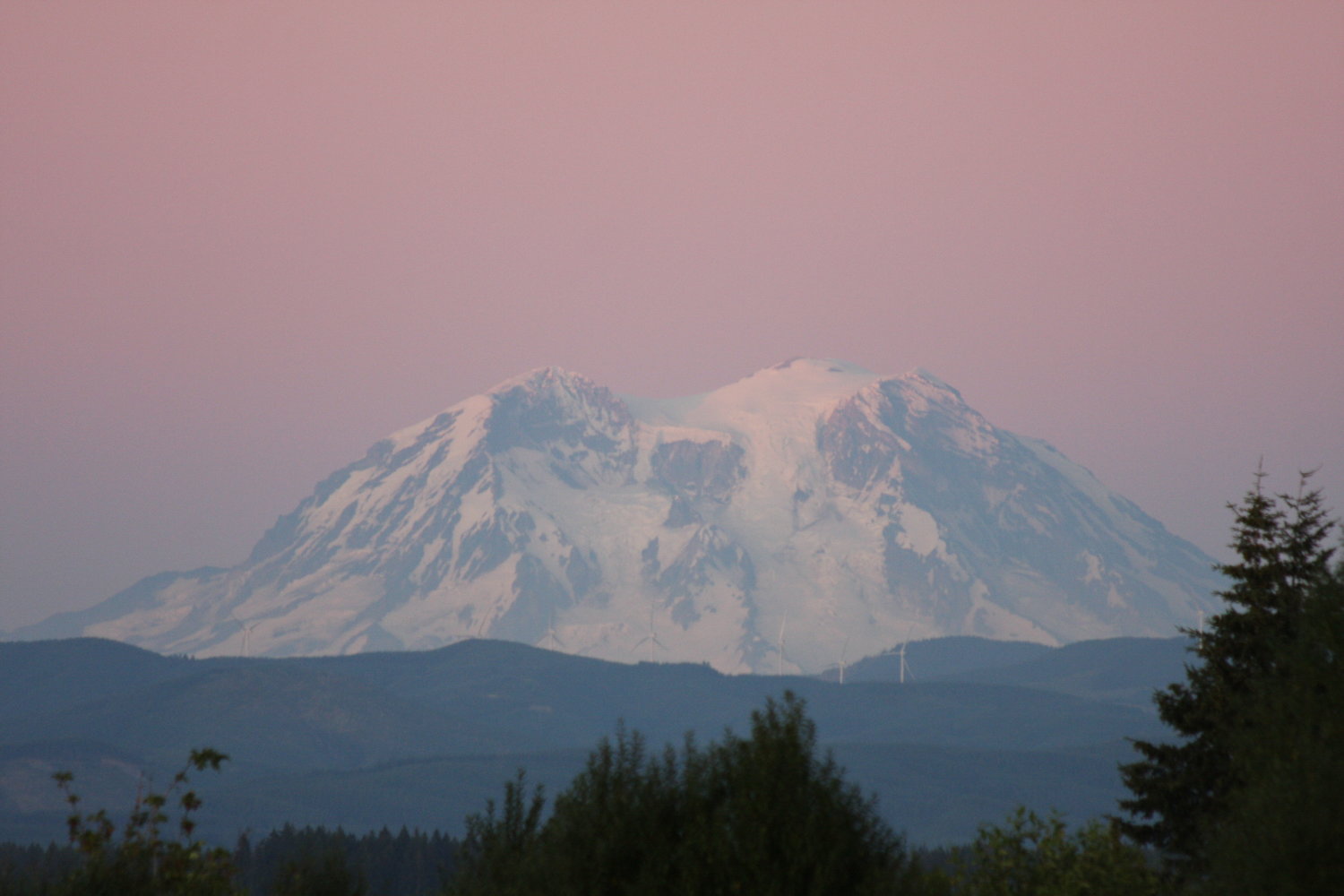 The sky glows pink Friday afternoon at sunset as Mount Rainier dominates the landscape from this vantage point just outside of Chehalis.
